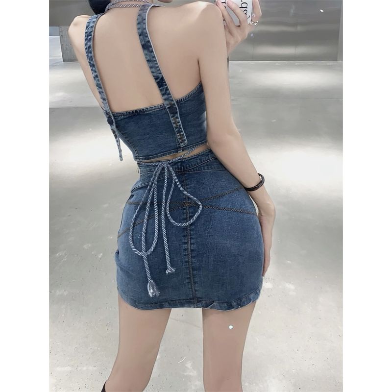 Bộ Áo Hai Dây Phối Chân Váy Denim Chữ a Lưng Cao Thời Trang Mùa Hè Cho Bạn Gái