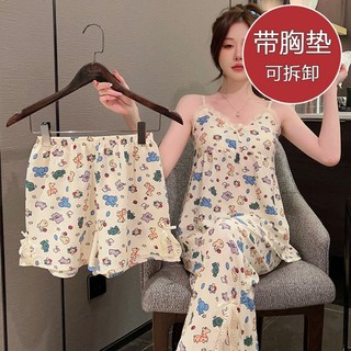 Bộ đồ ngủ mùa hè nữ sling ngực miếng lót bong bóng cotton hoạt hình bộ đồ ngủ mùa hè ngọt ngào ba mảnh loungewear nữ loungewear bộ đồ ngủ bộ đồ ngủ
