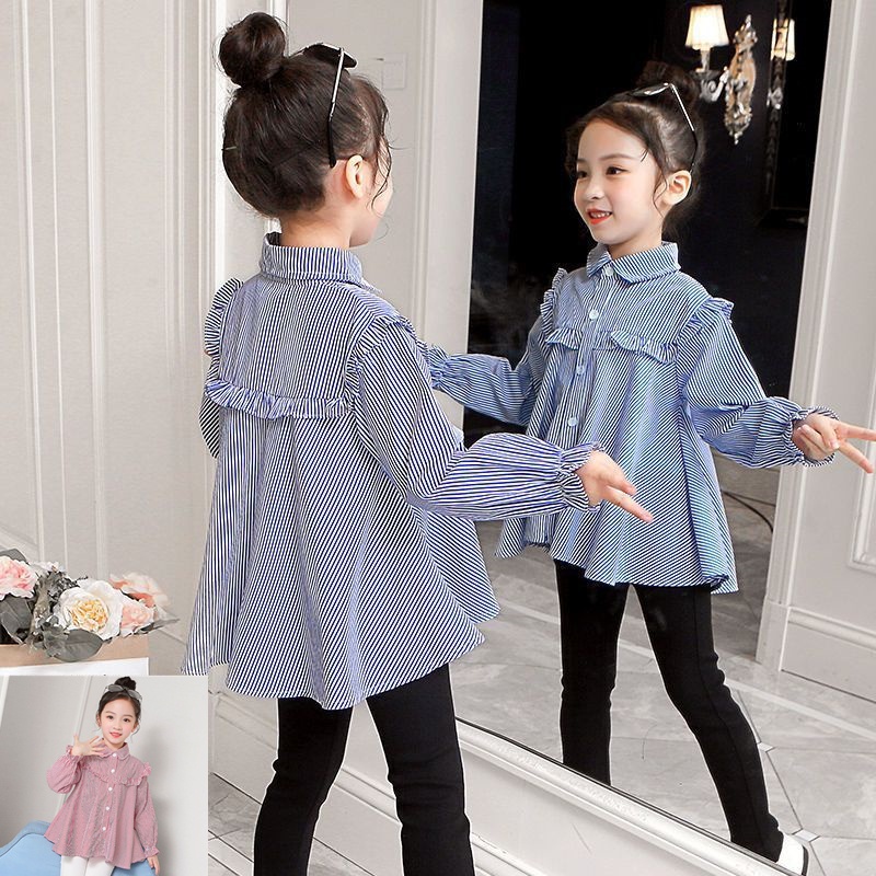 Áo Sơ Mi Kẻ Sọc Viền Bèo Phong Cách Hàn Quốc Thời Trang Mùa Xuân Mới 2023 Cho Bé Gái