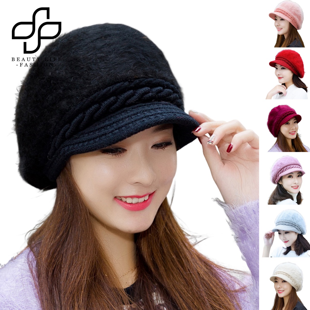 Mũ Beanie Lông Thỏ Nhân Tạo Màu Trơn Dày Dặn Chống Gió Thời Trang Đường Phố Cho Nữ
