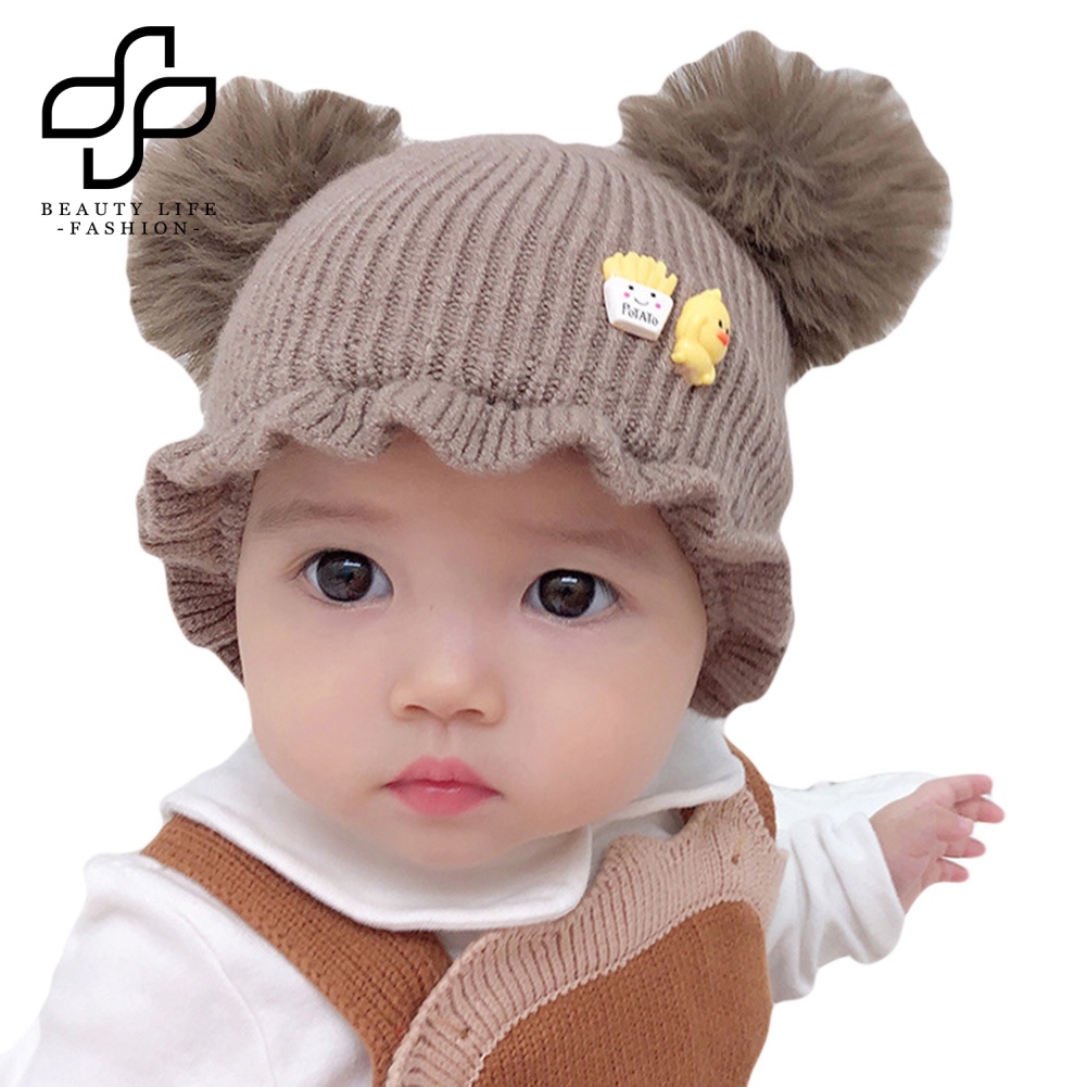 Mũ Len Beanie Đính Quả Cầu Lông Xù Giữ Ấm Tai Thời Trang Dành Cho Bé