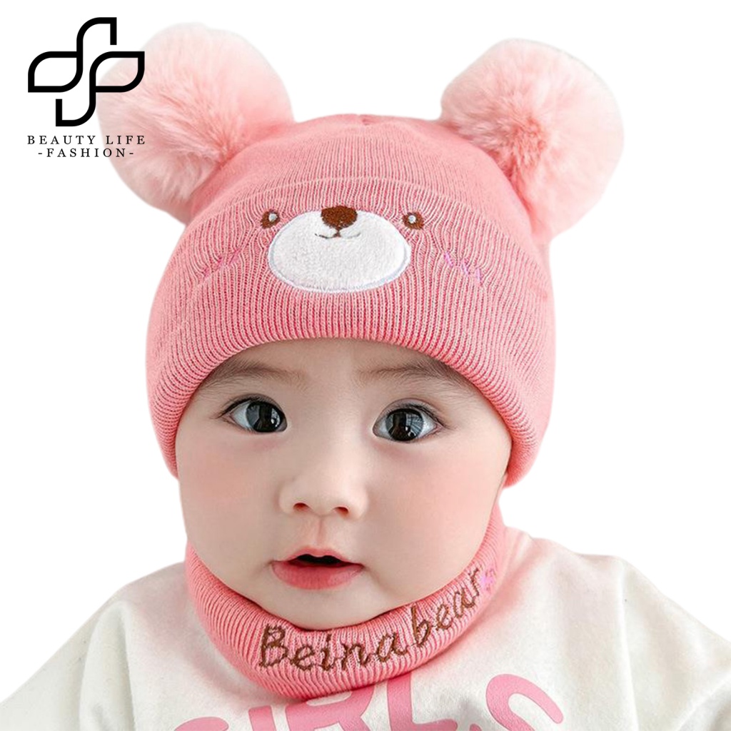 1 Bộ Mũ Beanie Và Khăn Choàng Cổ Dệt Kim Thêu Hình Gấu Bông Giữ Ấm Siêu Mềm Co Giãn Handmade Dành Cho Bé Trai Và Bé Gái