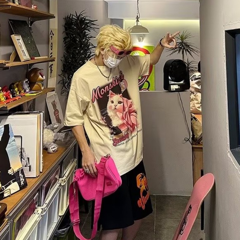 Áo Thun Ngắn Tay Dáng Rộng In Hình Mèo Thời Trang Mùa Hè Cá Tính