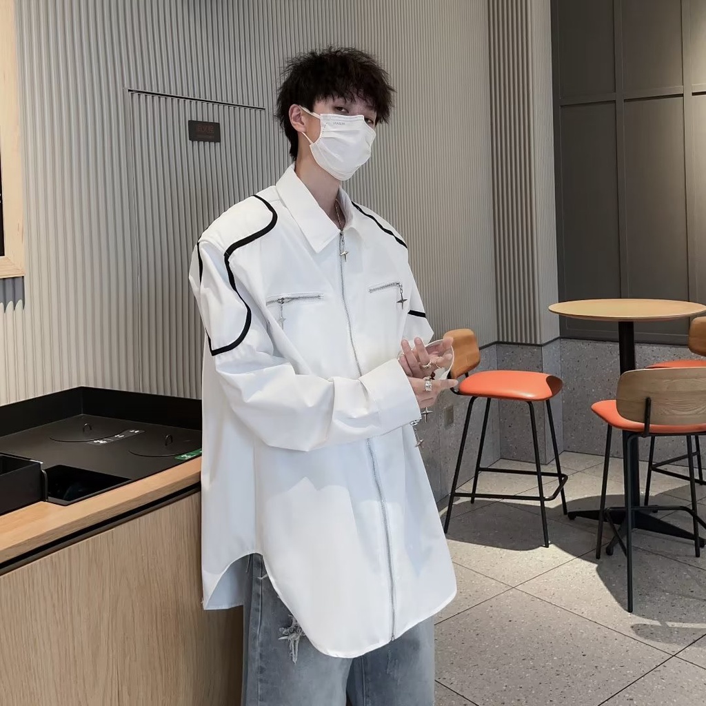 Áo Sơ Mi Trắng Tay Dài Dáng Rộng Có Khóa Kéo Phong Cách Hàn Quốc Thời Trang Xuân Hè Cho Nam