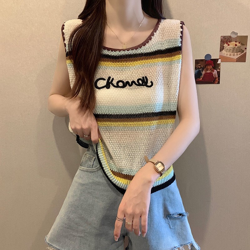 Áo Sát Nách Cổ Tròn In Chữ Phong Cách Hàn Quốc Thời Trang Mùa Hè 2023 Cho Nữ