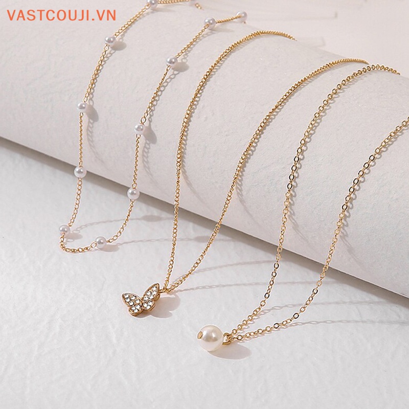 Vòng Cổ Choker Nhiều Lớp Mặt Hình Bướm Và Ngọc Trai Thanh Lịch Cho Nữ