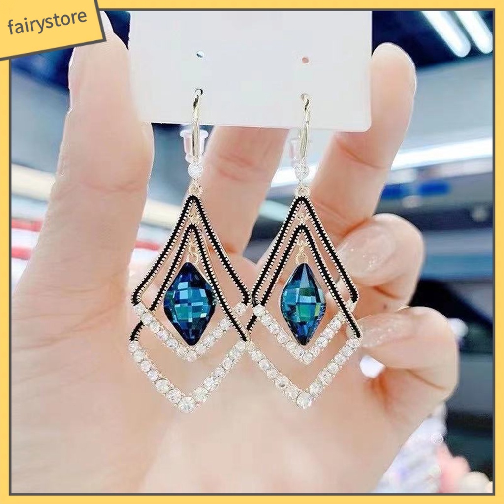 1 Đôi Bông Tai Hình Thoi Hai Lớp Đính Đá Lấp Lánh Dành Cho Nữ