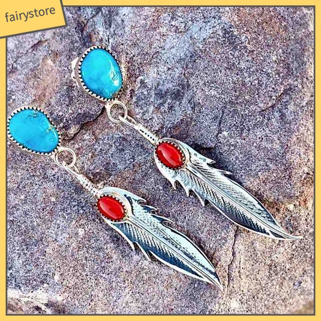 1 Đôi Bông Tai Dáng Dài Hình Lông Vũ Đính Đá Ngọc Lam Giả Thanh Lịch