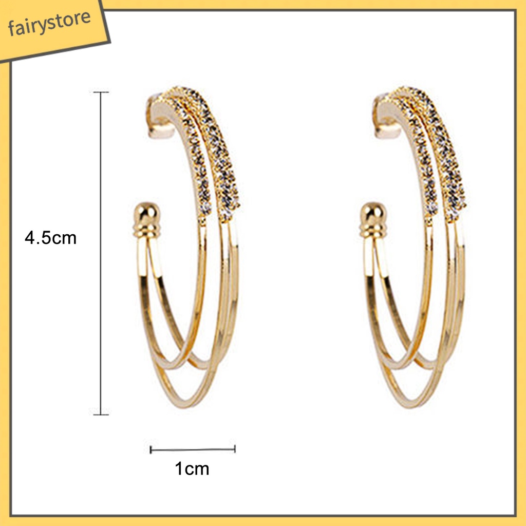 1 Đôi Bông Tai Hình Chữ C Ba Lớp Đính Đá Lấp Lánh Dành Cho Nữ