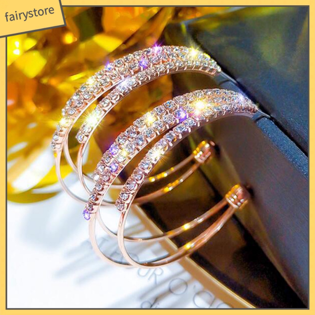 1 Đôi Bông Tai Hình Chữ C Ba Lớp Đính Đá Lấp Lánh Dành Cho Nữ