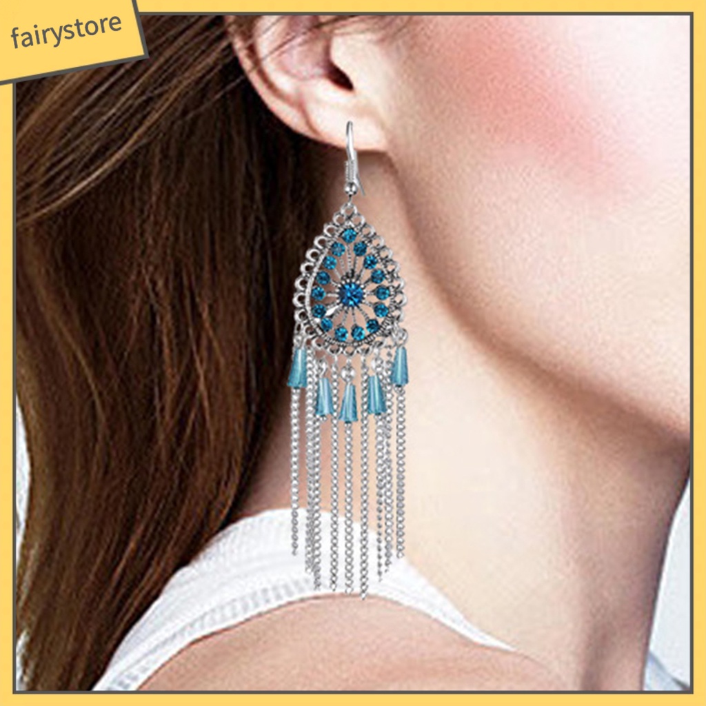 1 Đôi Bông Tai Hình Giọt Nước Đính Đá Phối Tua Rua Phong Cách Vintage