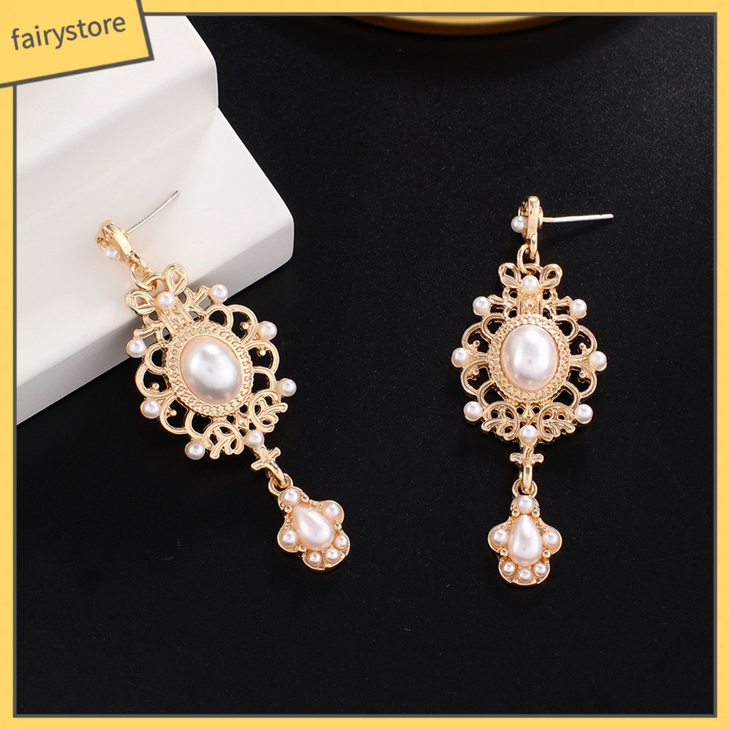 [FRO] 1 Đôi Bông Tai Thiết Kế Hình Học Đính Ngọc Trai Giả Phong Cách Hoàng Gia Retro Thời Trang Tòa Án Baroque