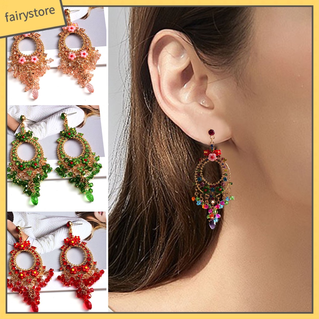 1 Cặp Bông Tai Tua Rua Đính Đá Nhiều Màu Phong Cách Bohemian