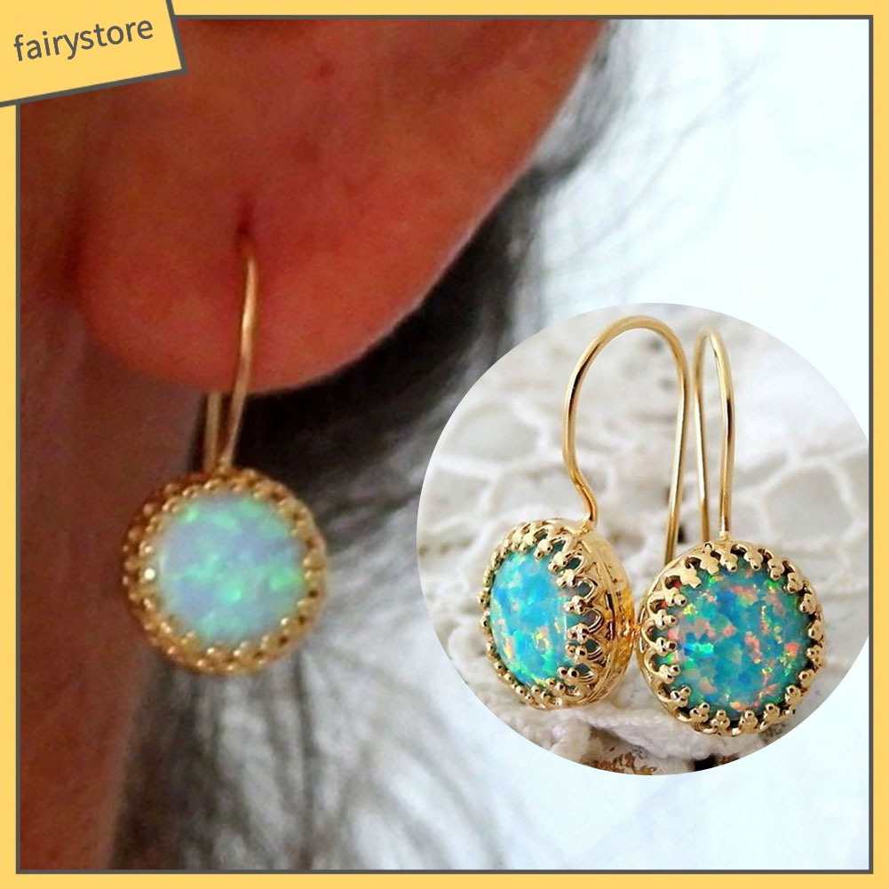 Khuyên Tai Móc Đính Đá Opal Nhân Tạo Tròn Nhiều Màu Phong Cách Vintage Cho Nữ