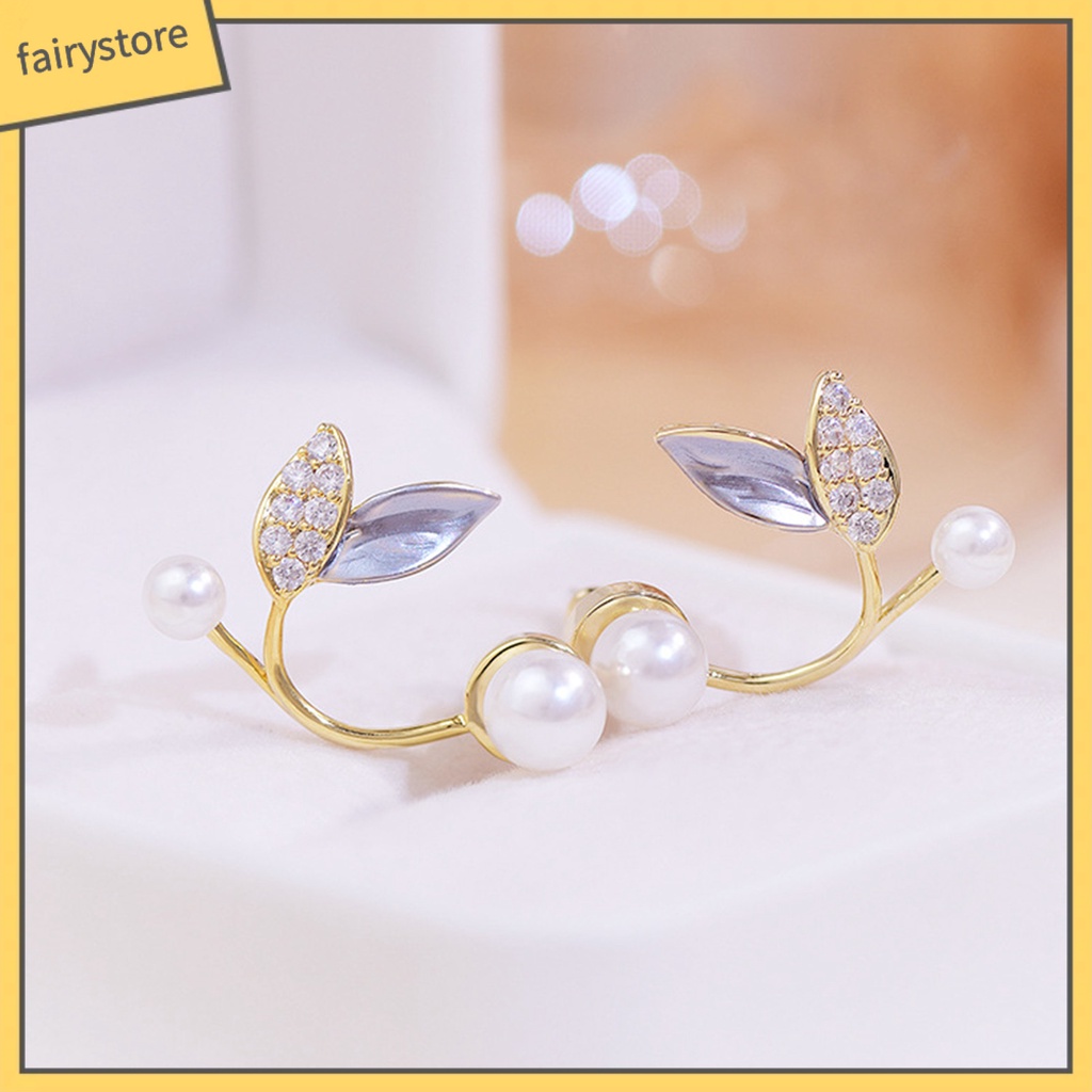 1 Đôi Bông Tai Hình Chiếc Lá Đính Ngọc Trai Nhân Tạo Phong Cách Hàn Quốc