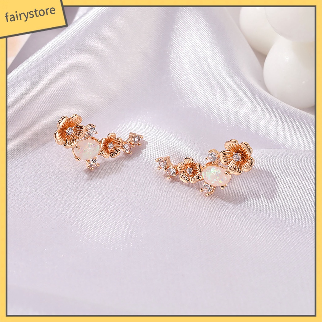 1 Đôi Bông Tai Hình Hoa Đính Đá Opal Giả Bằng Đồng Sáng Bóng Phong Cách Retro Dành Cho Nữ