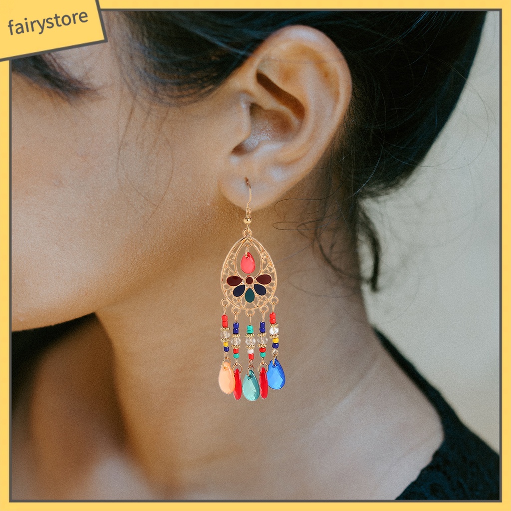 1 Đôi Bông Tai Móc Tua Rua Dáng Dài Phong Cách Bohemian Cổ Điển