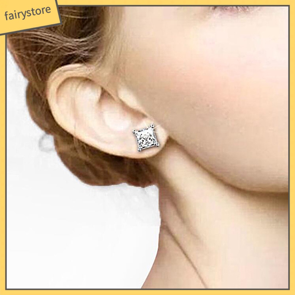 1 Đôi Bông Tai Mạ Bạc Đính Đá Zircon Hình Vuông Thanh Lịch Dành Cho Nữ