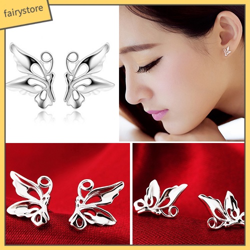Bông Tai Mạ Bạc Hình Bướm Rỗng Cho Nữ