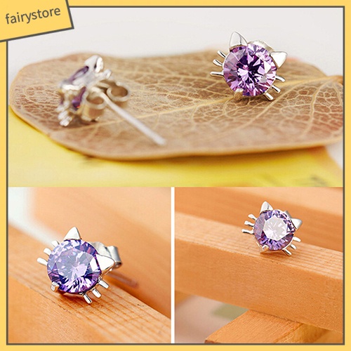 Bông Tai Mạ Bạc 925 Hình Mèo Đính Đá Zircon Dễ Thương