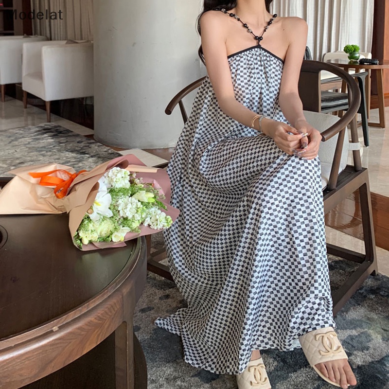 Đầm Chiffon Hai Dây Hở Lưng Họa Tiết Sọc Caro Phong Cách Boho Quyến Rũ Cho Nữ