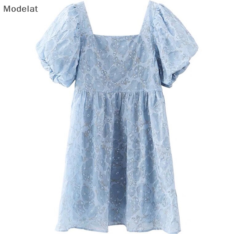 Đầm Tay Phồng Ngắn Cổ Vuông Màu Trơn Dễ Thương Thời Trang Mùa Hè Cho Bạn Gái