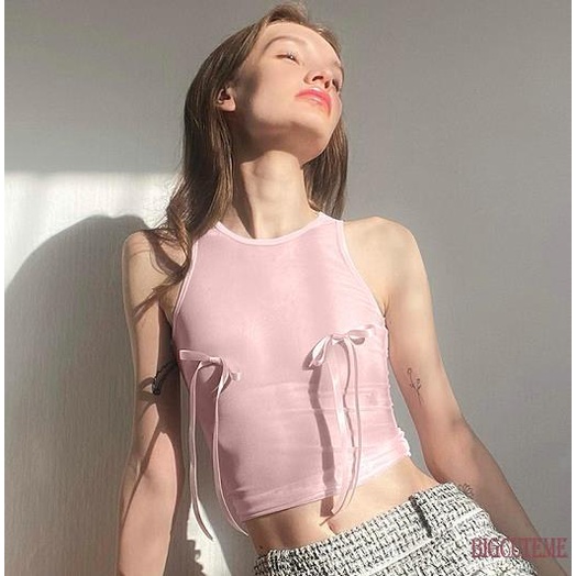 [] - Áo Lưới Không Tay Cổ Tròn Thắt Nơ Trang Trí Mùa Hè Màu Hồng Cho Nữ