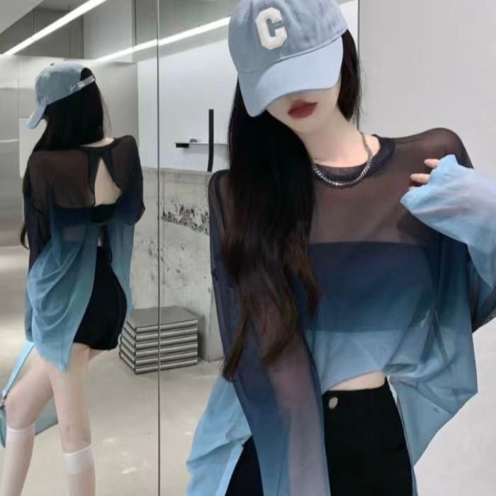 Áo Thun Lụa Lạnh Mỏng Màu Gradient Dáng Rộng Chống Nắng Mùa Hè Kiểu Pháp Hàng Mới Dành Cho Bạn Nữ