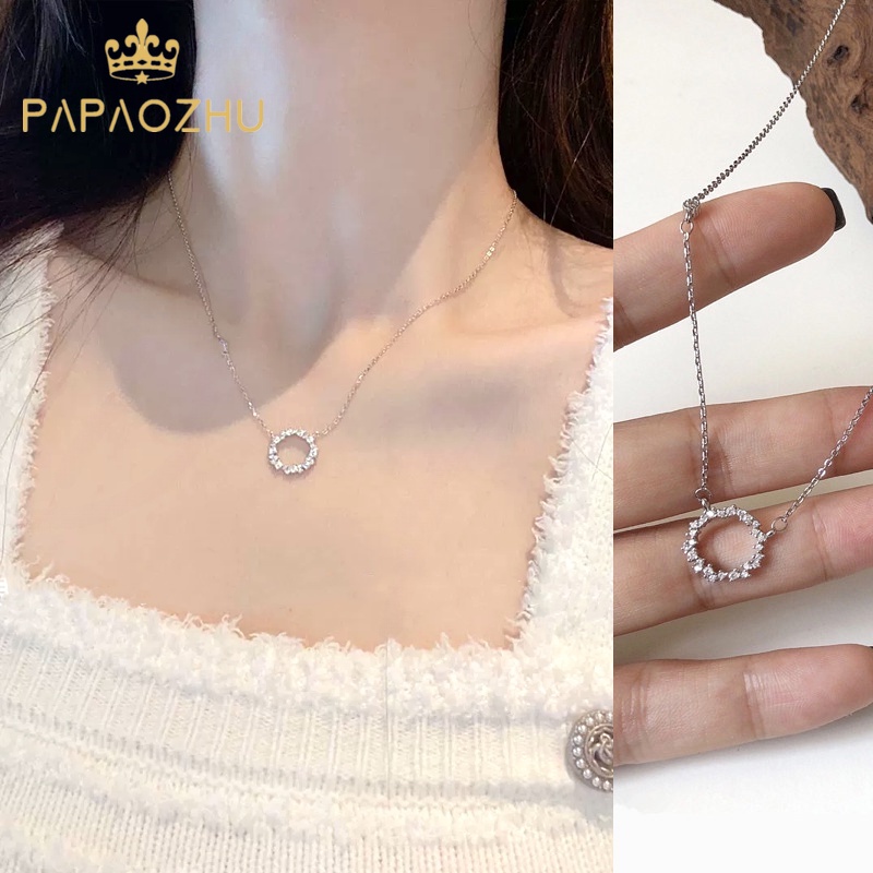 PAPAOZHU Vòng cổ Mặt Tròn Đính Đá Zircon Lấp Lánh Thanh Lịch Cho Nữ