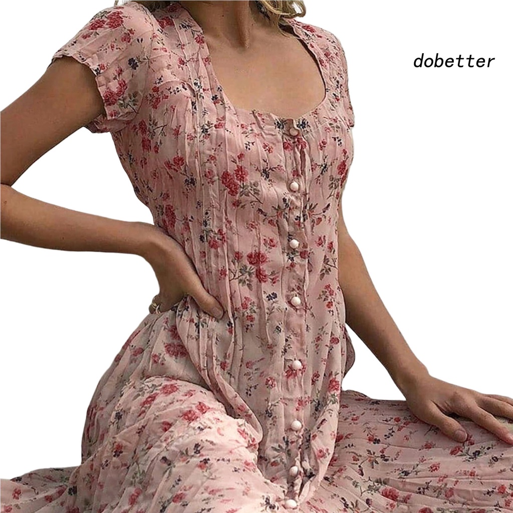 [DO] Đầm Maxi Tay Ngắn In Hoa Viền Lớn Cài Một Hàng Nút Thanh Lịch Mùa Hè Cho Nữ