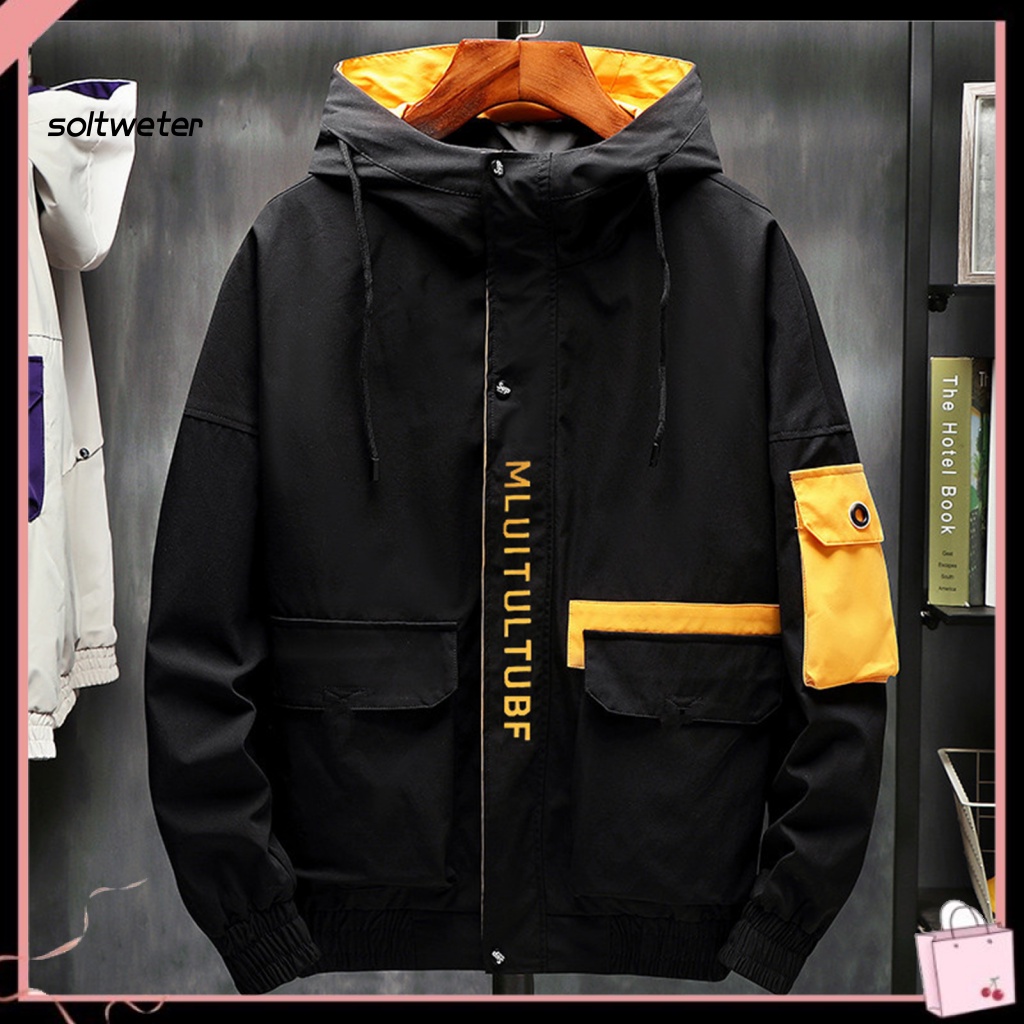 Áo Khoác Bóng Chày Có Mũ Trùm Phối Dây Rút Nhiều Túi In Chữ Màu Khối Thời Trang Mùa Thu Cho Nam