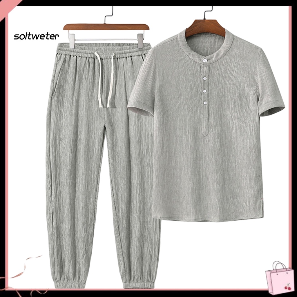 1 Bộ Áo Thun Cổ Tròn Cài Nút Màu Trơn Phối Quần Dài Lưng Thun Co Giãn Thời Trang Mùa Hè Cho Văn Phòng
