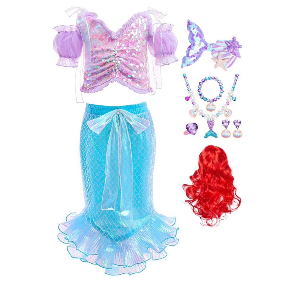DISNEY Lxaa Bộ Trang Phục Nàng Tiên Cá mb09 2 Mảnh Đính Kim Sa Lấp Lánh Cho Bé Gái