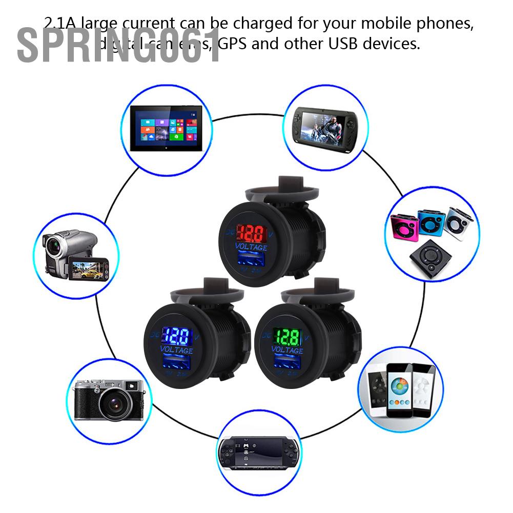 Spring061 Bộ chuyển đổi sạc USB trên ô tô 12/24V 2.1A Ổ cắm điện Vôn kế cho Thuyền mô RV