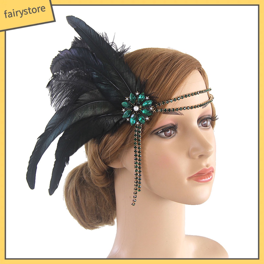 Băng Đô Cài Tóc Đính Đá Nhân Tạo Phối Lông Công Thời Trang