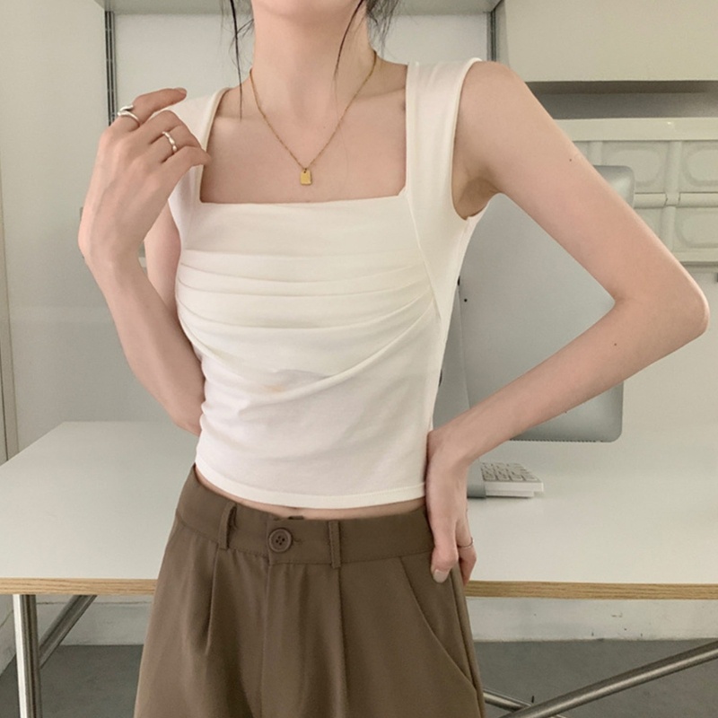 Áo Croptop Cổ Vuông Màu Trơn Mềm Mại Thời Trang Mùa Hè Quyến Rũ Cho Nữ