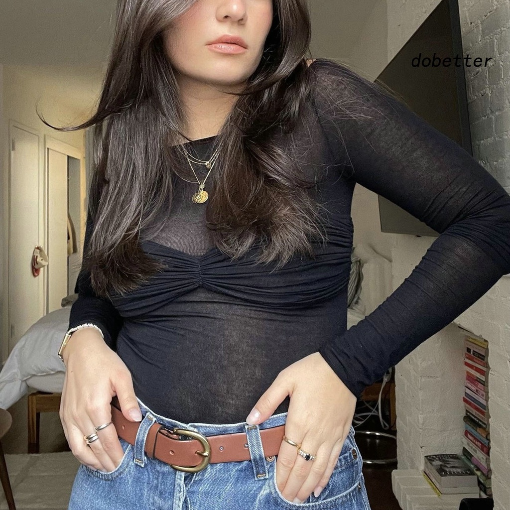 Áo Thun Dài Tay Trễ Vai Xuyên Thấu Phong Cách Quyến Rũ Dành Cho Nữ