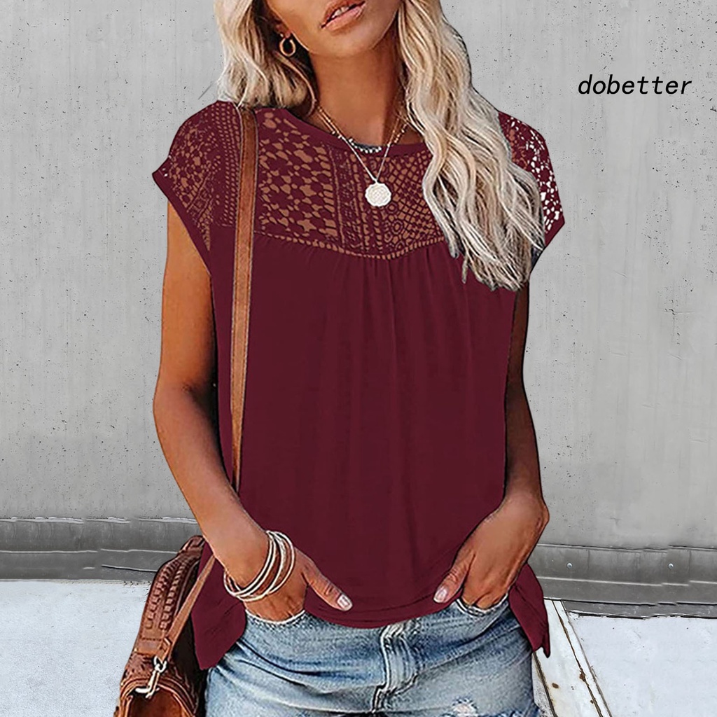 [DO] Áo Thun Tay Ngắn Cổ Tròn Phối Ren Rỗng Màu Trơn In Hình Dating Thời Trang Mùa Hè Dành Cho Bạn Nữ