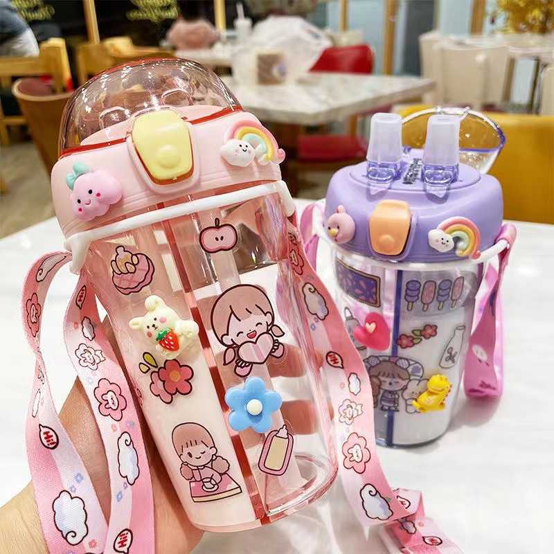 Bình nước có ống hút ống hút đôi bình nước nhựa Bình Nước 430ml Bằng Nhựa Không BPA Hai Ống Hút Dễ Thương Cho Học Sinh