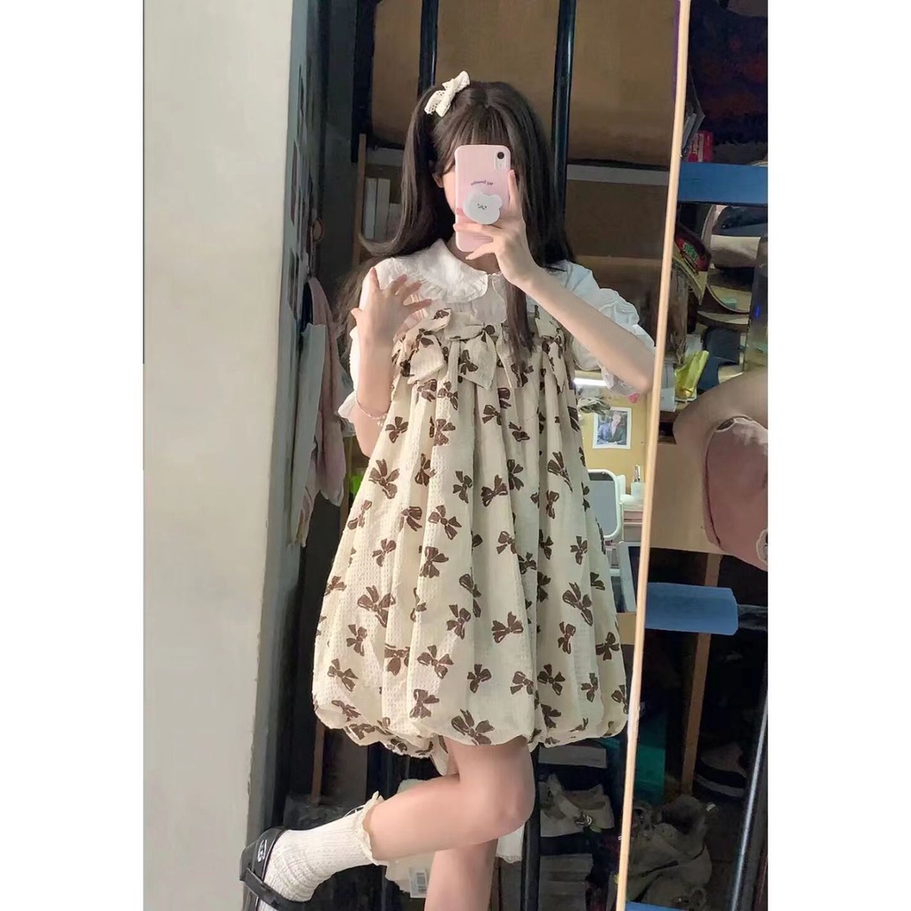 Bộ Trang Phục Hai Mảnh Gồm Áo Sơ Mi Cổ Búp Bê Thắt Nơ Và Đầm Công Chúa Bồng Bềnh Thời Trang Mùa