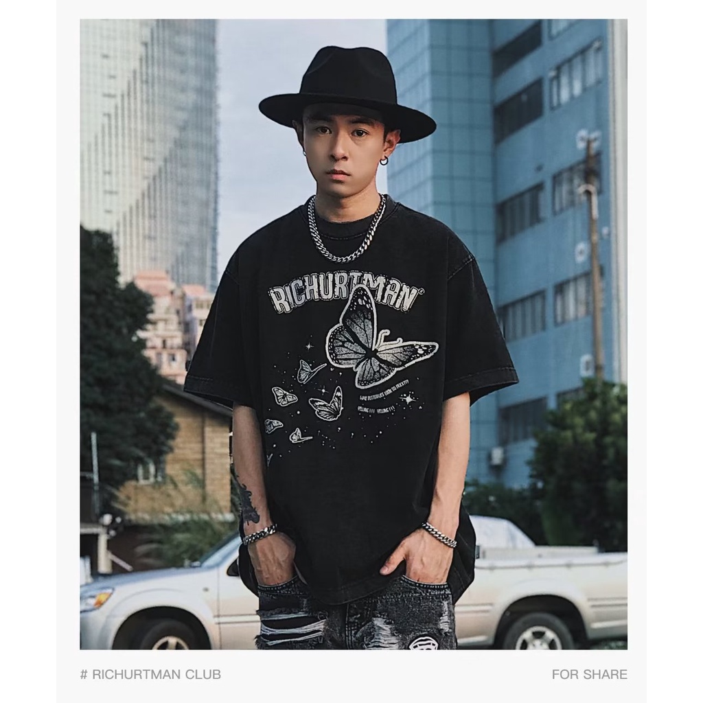 Áo Thun Tay Ngắn Cổ Tròn Dáng Rộng In Hình Bướm Phong Cách Retro Mỹ Thời Trang Mùa Hè Cá Tính