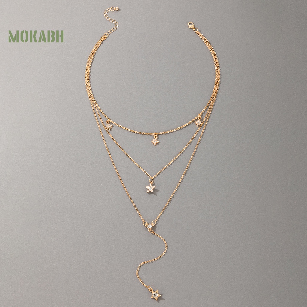 [Mok Abh] Vòng Cổ Choker Nhiều Lớp Họa Tiết Hình Ngôi Sao Năm Cánh Có Đính Đá Giả Kim Cương