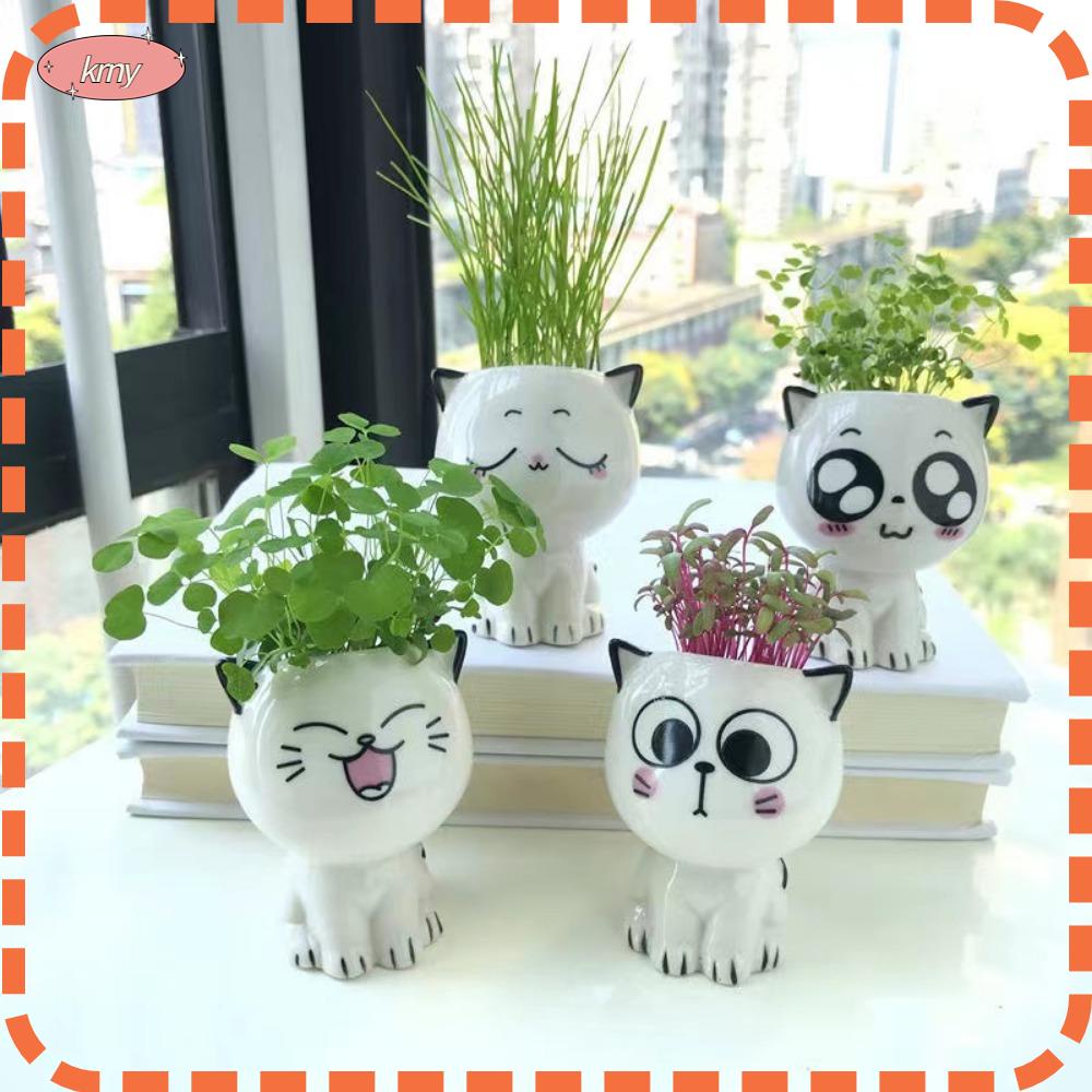 Kmy 1Pc Cartoon Ceramic Flowerpot Ornament Mini Cat Shaped Desk Cute Potted Ornament