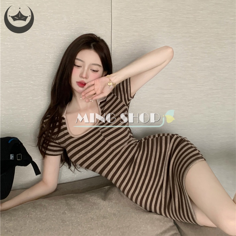 Đầm Tay Ngắn Cổ Chữ U Họa Tiết Kẻ Sọc Thời Trang Mùa Hè Cho Nữ