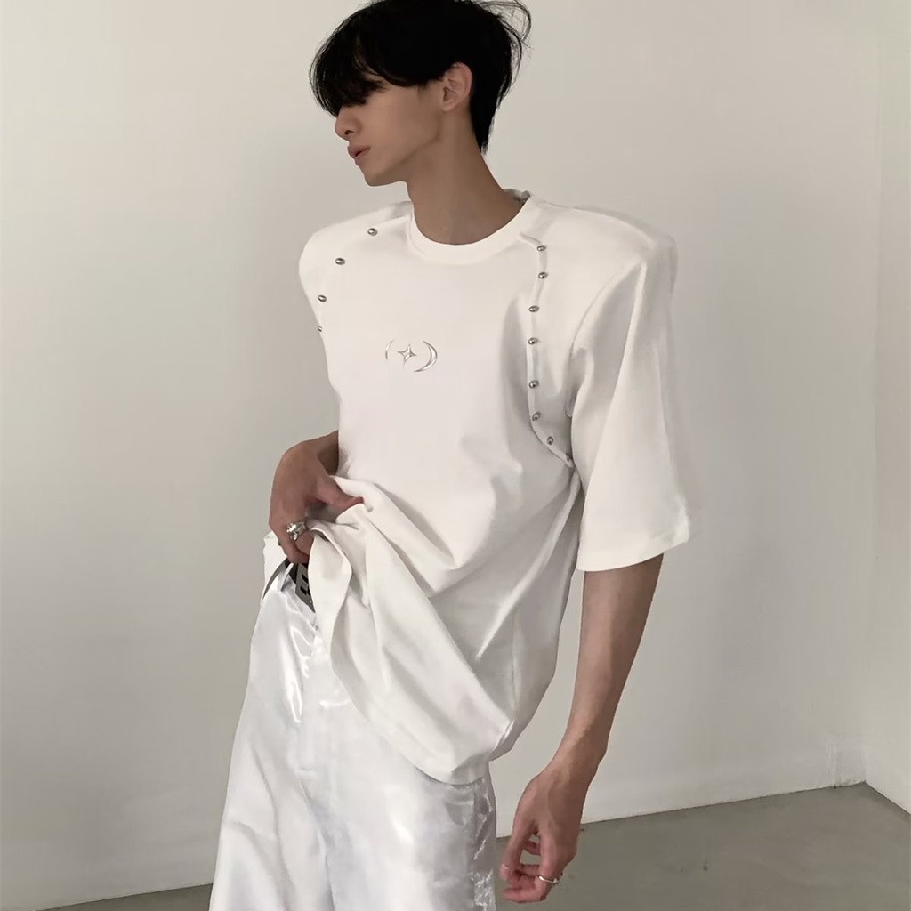 Áo Thun Cotton Tinh Khiết Tay Ngắn Thiết Kế Đường Viền Hạt Kim Loại Đơn Giản Dễ Phối Đồ Mùa Hè Nich