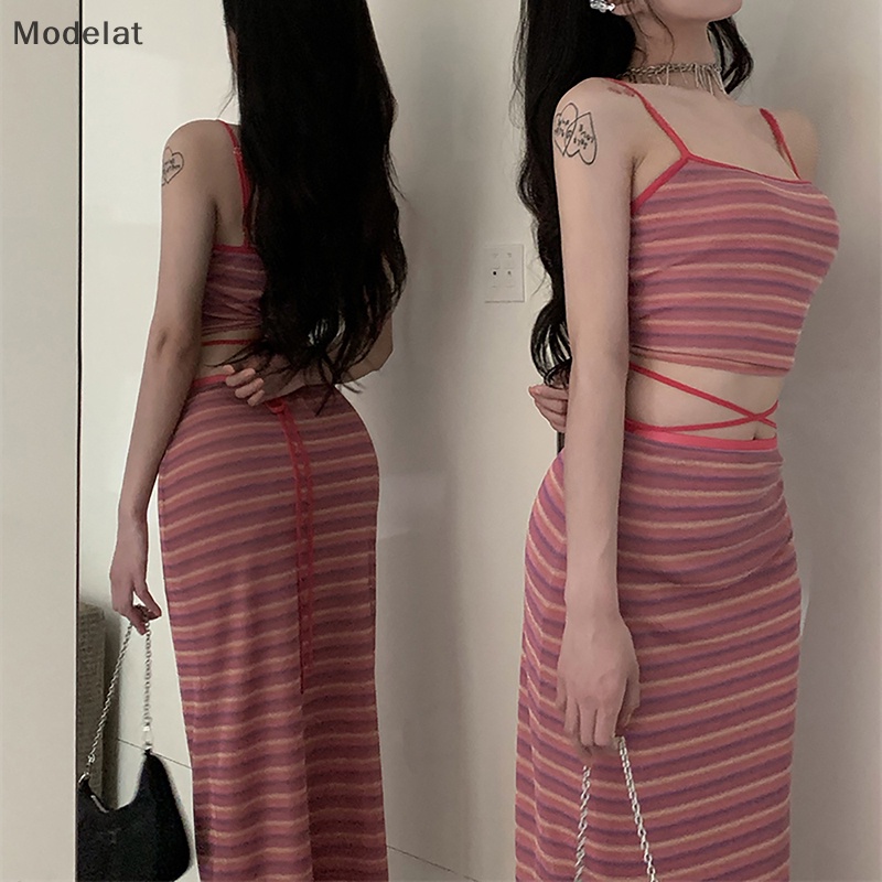 Mfc Set Áo Quần Dệt Kim Kẻ Sọc Thời Trang Mùa Hè Cho Nữ