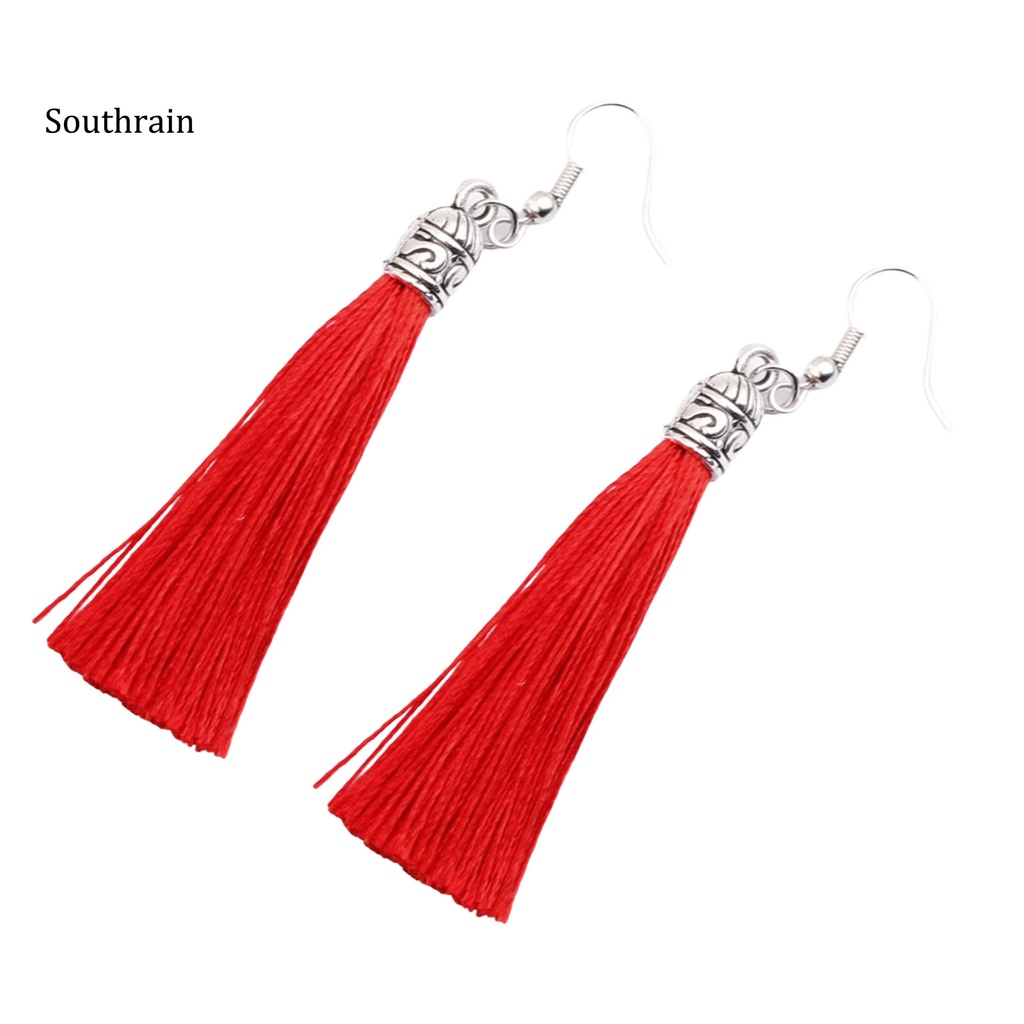 1 Đôi Bông Tai Thiết Kế Tua Rua Bằng Cotton Phong Cách Bohemian