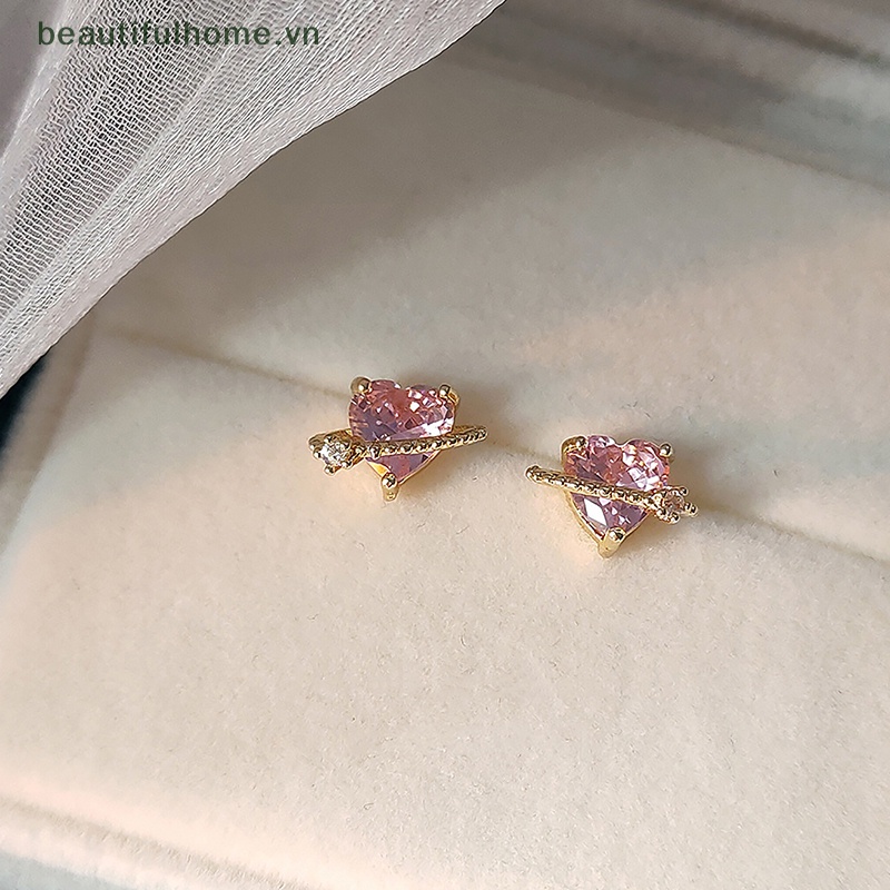 1 Đôi Bông Tai Hình Trái Tim Đính Đá Zircon Màu Hồng Thiết Kế Đơn Giản Thời Trang Cho Nữ