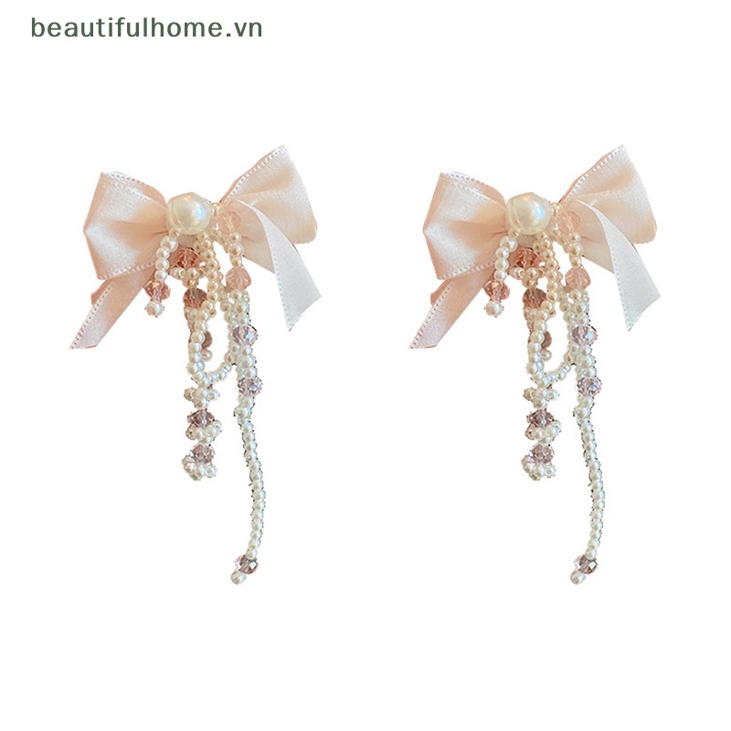Bông Tai Mạ Bạc 925 Hình Nơ Đính Ngọc Trai Dáng Dài Xinh Xắn