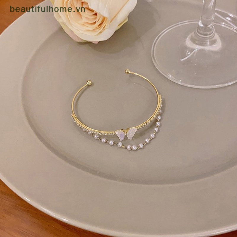 Vòng Tay Chuỗi Hạt Acrylic Hở Mạ Vàng Hình Bướm Thời Trang Cho Nữ [beauty]